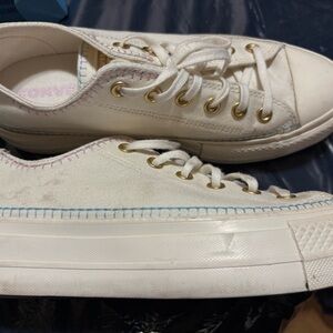 White Low-Top Canvas Sneakers with Gold Eyelets